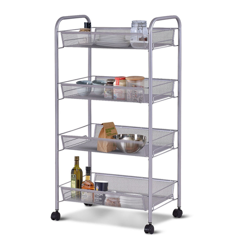 4-Tier Swivel Storage Rack Kitchen Trolley Cart with Mesh Baskets