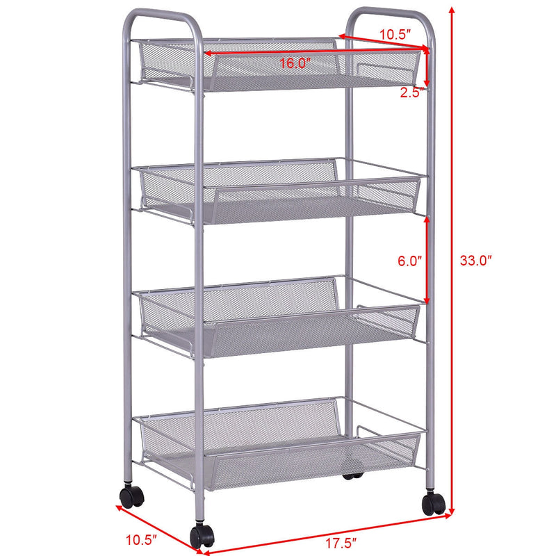 4-Tier Swivel Storage Rack Kitchen Trolley Cart with Mesh Baskets