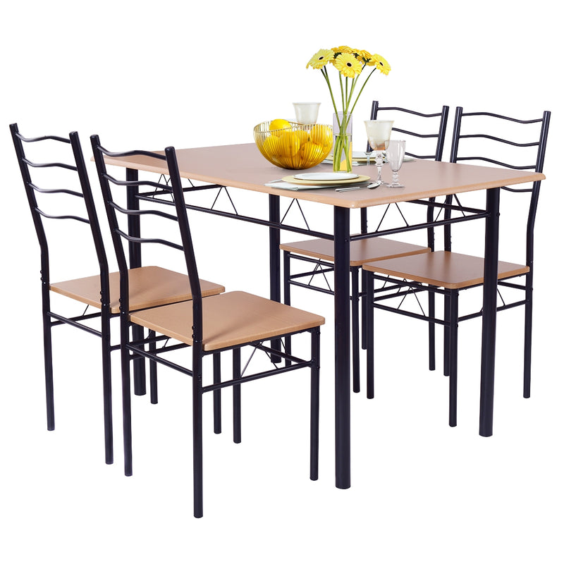 5 Pcs Wood Metal Dining Table Set with 4 Chairs