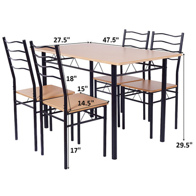 5 Pcs Wood Metal Dining Table Set with 4 Chairs