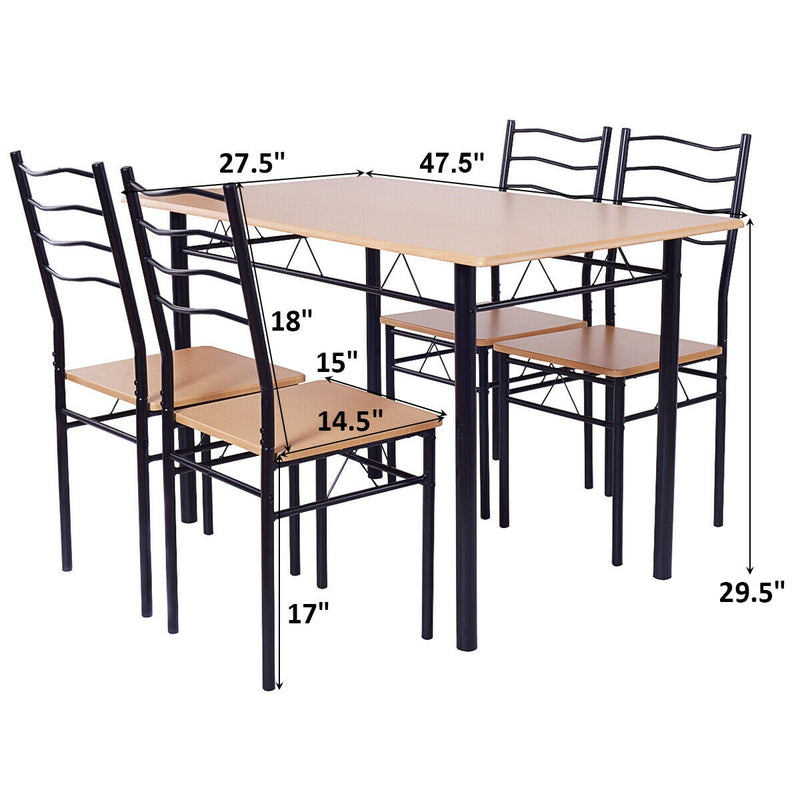 5 Pcs Wood Metal Dining Table Set with 4 Chairs