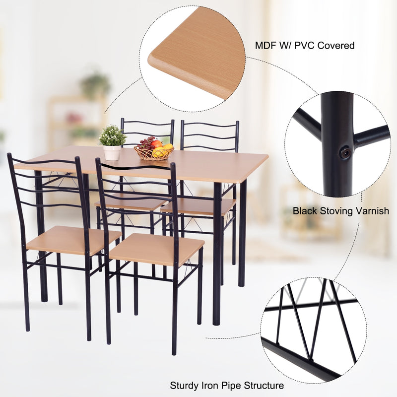 5 Pcs Wood Metal Dining Table Set with 4 Chairs