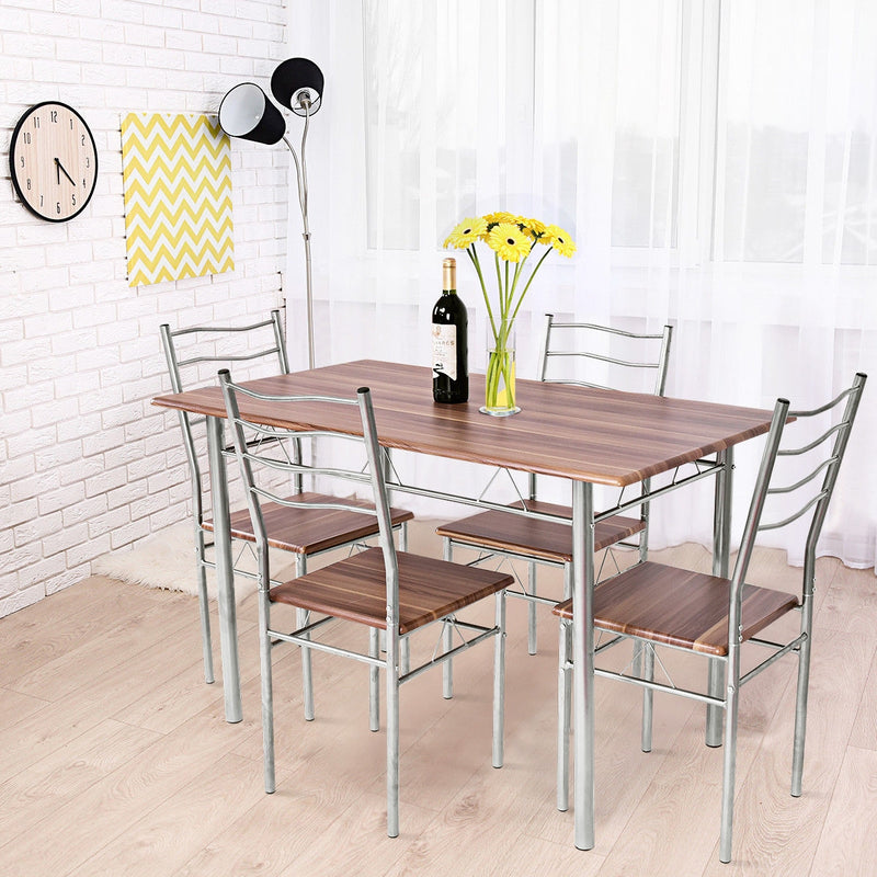 5 Pcs Wood Metal Dining Table Set with 4 Chairs