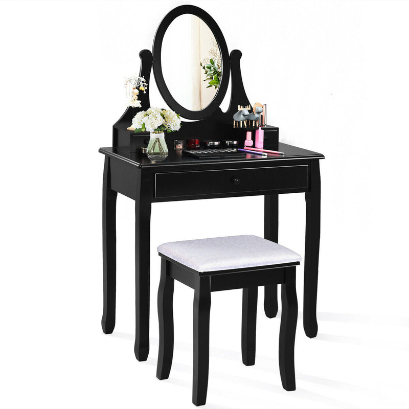 Makeup Vanity Table Set with Rotatable Mirror and Cushioned Stool