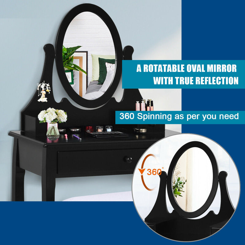 Makeup Vanity Table Set with Rotatable Mirror and Cushioned Stool