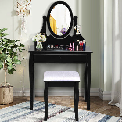 Makeup Vanity Table Set with Rotatable Mirror and Cushioned Stool