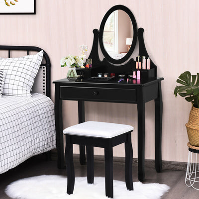 Makeup Vanity Table Set with Rotatable Mirror and Cushioned Stool