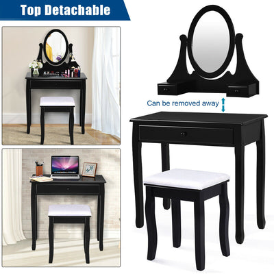 Makeup Vanity Table Set with Rotatable Mirror and Cushioned Stool