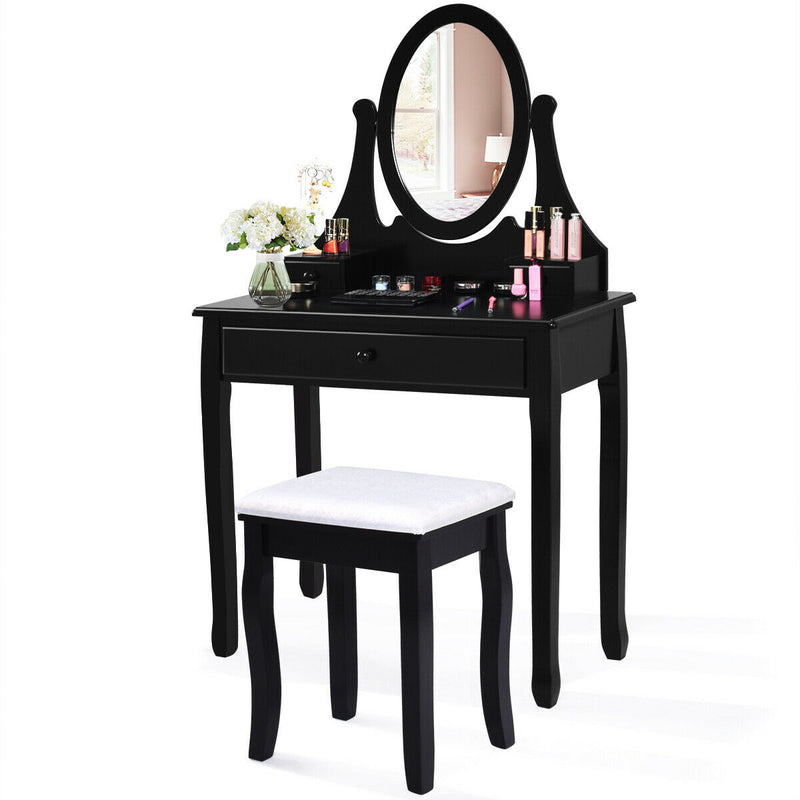 Makeup Vanity Table Set with Rotatable Mirror and Cushioned Stool