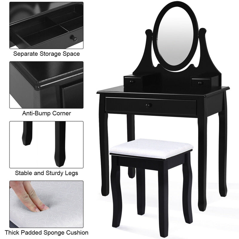 Makeup Vanity Table Set with Rotatable Mirror and Cushioned Stool