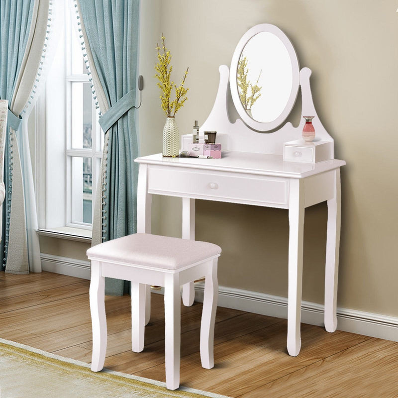 Makeup Vanity Table Set with Rotatable Mirror and Cushioned Stool