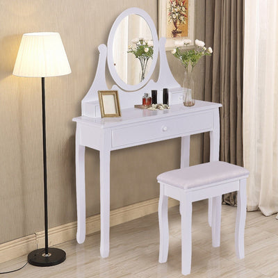 Makeup Vanity Table Set with Rotatable Mirror and Cushioned Stool