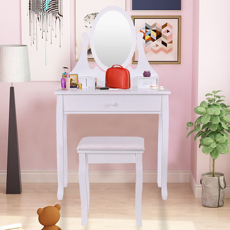 Makeup Vanity Table Set with Rotatable Mirror and Cushioned Stool