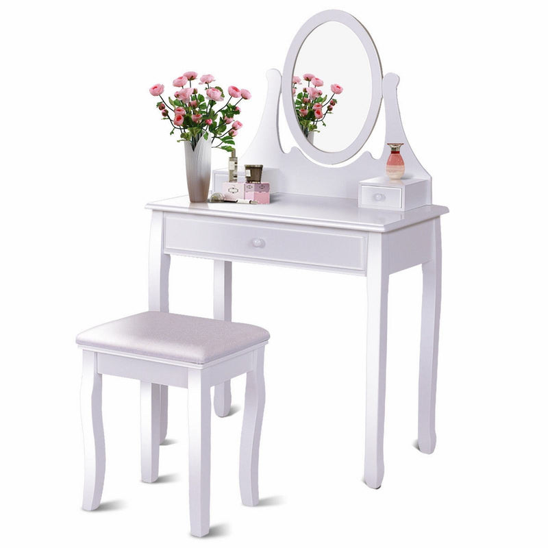 Makeup Vanity Table Set with Rotatable Mirror and Cushioned Stool