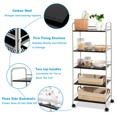 5-Tier Metal Storage Cart Rack with Rotating Wheels