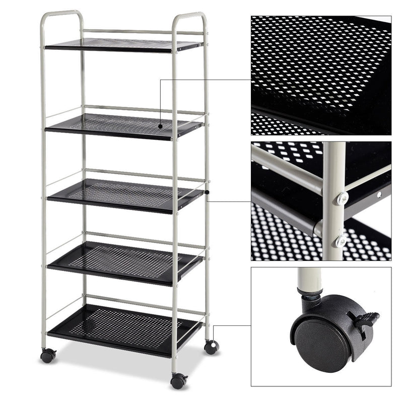 5-Tier Metal Storage Cart Rack with Rotating Wheels