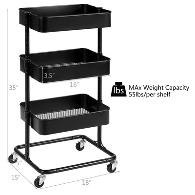 3-Tier Metal Rolling Storage Cart with Adjustable Shelves