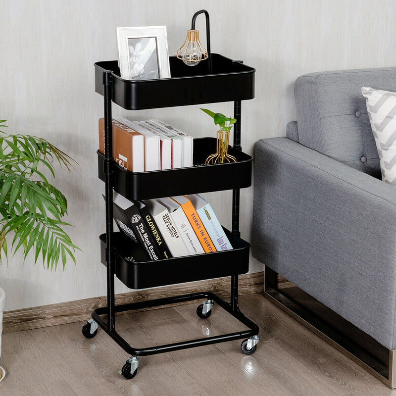 3-Tier Metal Rolling Storage Cart with Adjustable Shelves