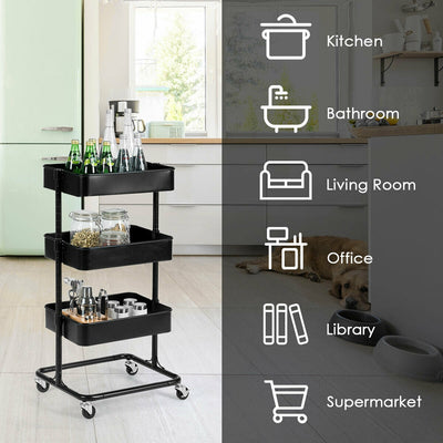 3-Tier Metal Rolling Storage Cart with Adjustable Shelves