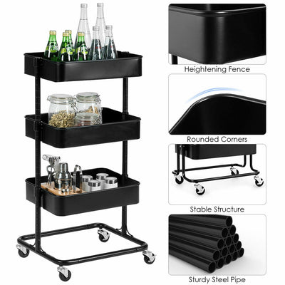 3-Tier Metal Rolling Storage Cart with Adjustable Shelves