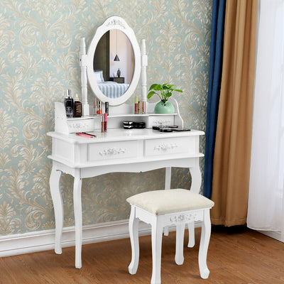 Dressing Vanity Table Set with Detachable Mirror and Cushioned Stool