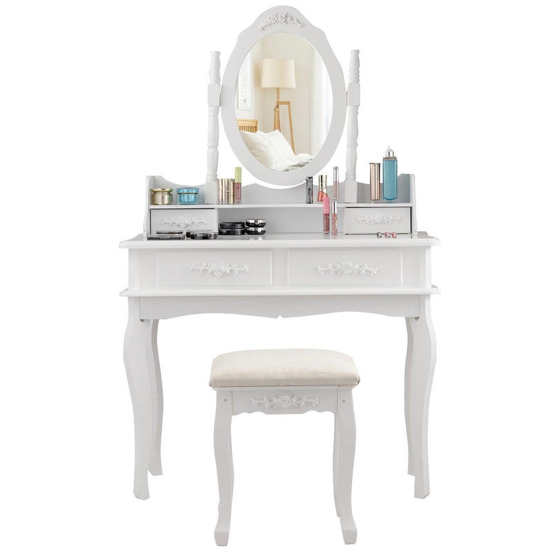 Dressing Vanity Table Set with Detachable Mirror and Cushioned Stool