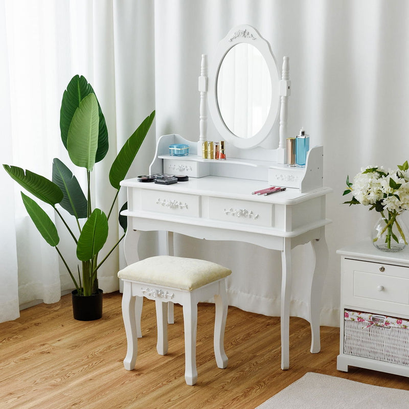 Dressing Vanity Table Set with Detachable Mirror and Cushioned Stool