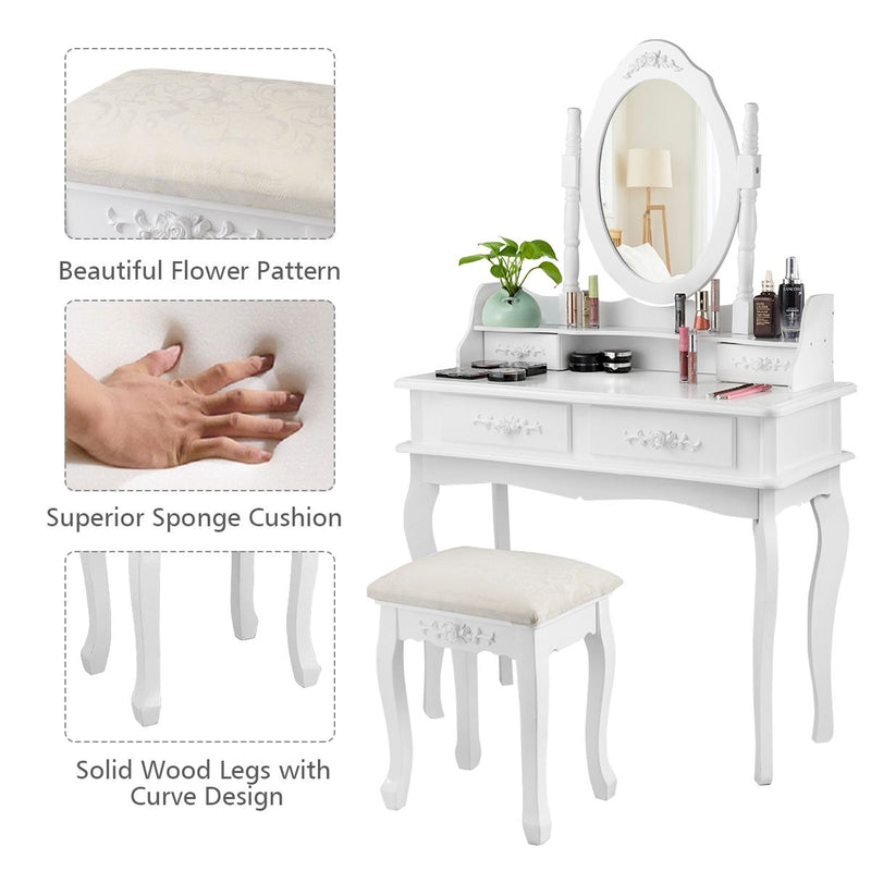 Dressing Vanity Table Set with Detachable Mirror and Cushioned Stool