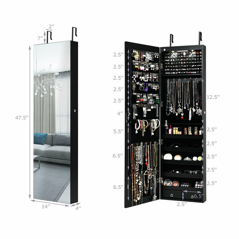 Wall and Door Mounted Mirrored Jewelry Cabinet with Lights