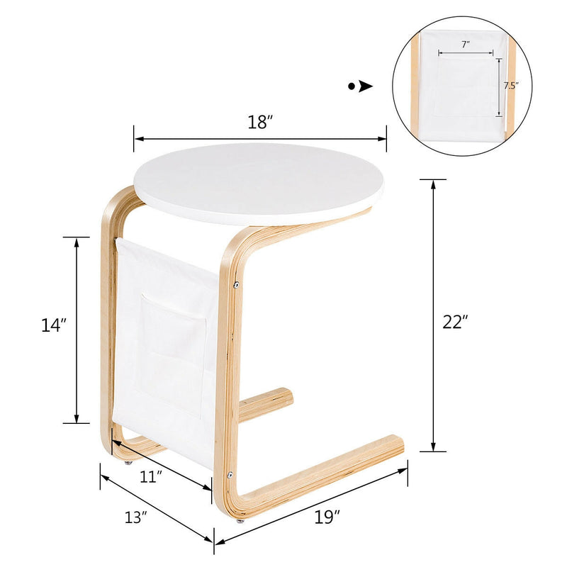 C-shaped Side End Table Accent Table with Round Tabletop and Storage Pocket