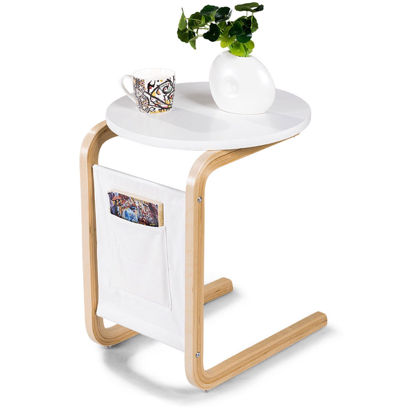 C-shaped Side End Table Accent Table with Round Tabletop and Storage Pocket