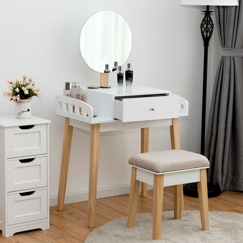 Vanity Table Set with Detachable Mirror and Cushioned Stool