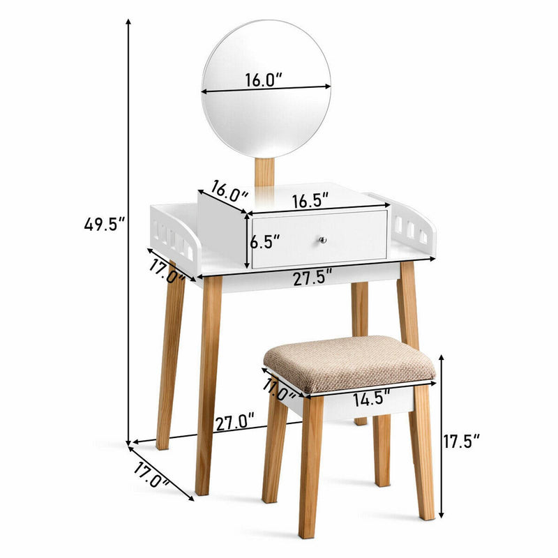 Vanity Table Set with Detachable Mirror and Cushioned Stool