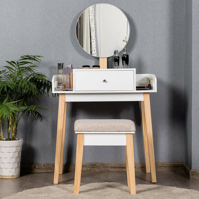 Vanity Table Set with Detachable Mirror and Cushioned Stool