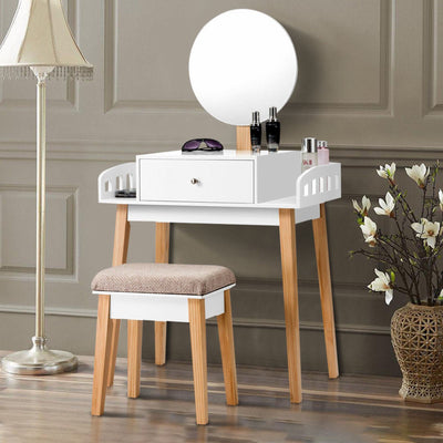 Vanity Table Set with Detachable Mirror and Cushioned Stool