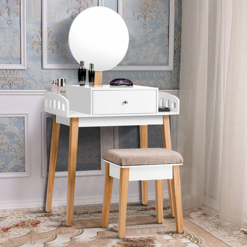 Vanity Table Set with Detachable Mirror and Cushioned Stool