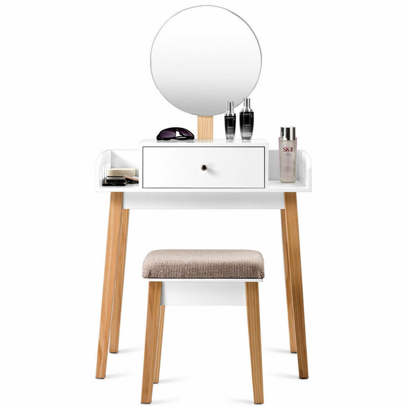 Vanity Table Set with Detachable Mirror and Cushioned Stool