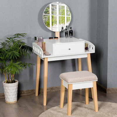 Vanity Table Set with Detachable Mirror and Cushioned Stool