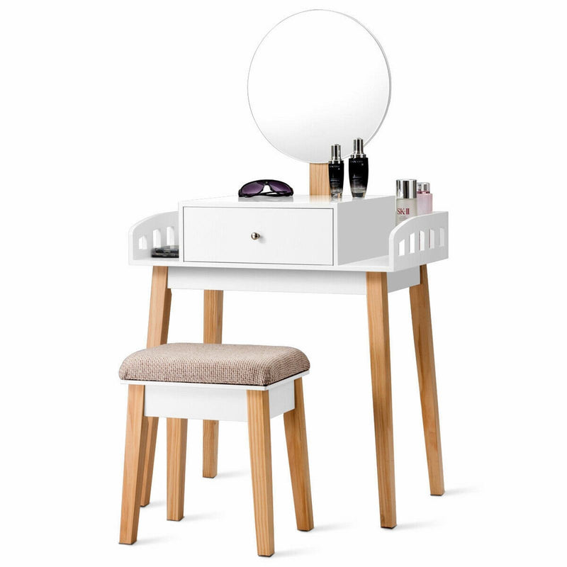 Vanity Table Set with Detachable Mirror and Cushioned Stool