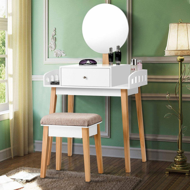 Vanity Table Set with Detachable Mirror and Cushioned Stool