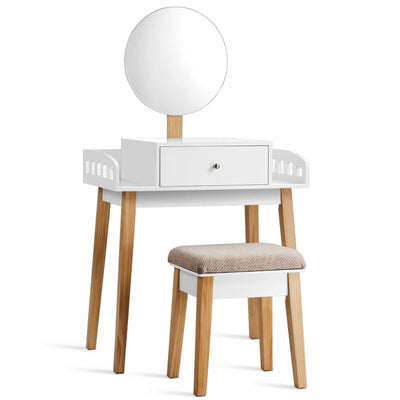 Vanity Table Set with Detachable Mirror and Cushioned Stool