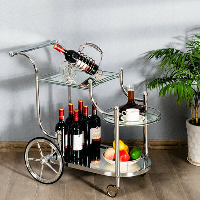 Metal Framed Rolling Serving Cart with Glass Shelves