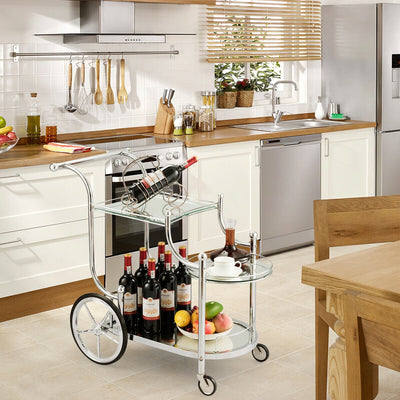 Metal Framed Rolling Serving Cart with Glass Shelves