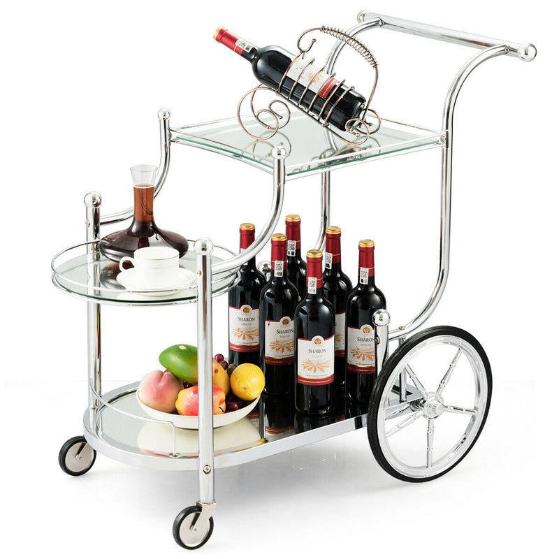 Metal Framed Rolling Serving Cart with Glass Shelves