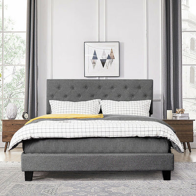 Queen Size Upholstered Panel Bed With Linen Panel