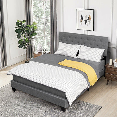 Queen Size Upholstered Panel Bed With Linen Panel