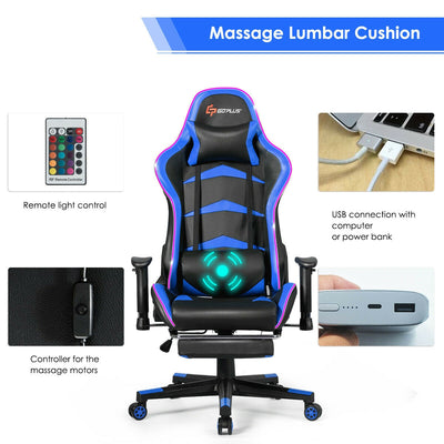 Massage LED Gaming Chair with Headrest, Lumbar Support, Footrest