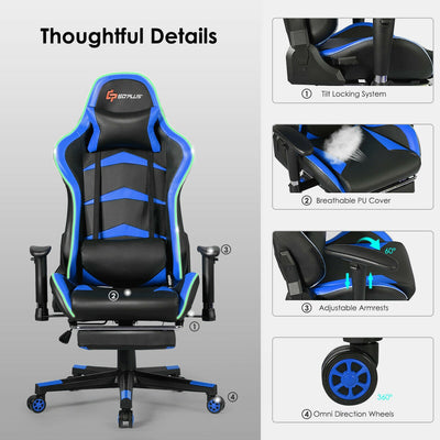 Massage LED Gaming Chair with Headrest, Lumbar Support, Footrest