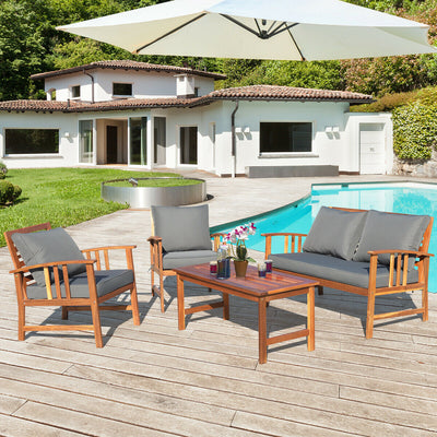 4 Pieces Wooden Patio Sofa Chair Set with Cushion