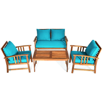 4 Pieces Wooden Patio Sofa Chair Set with Cushion